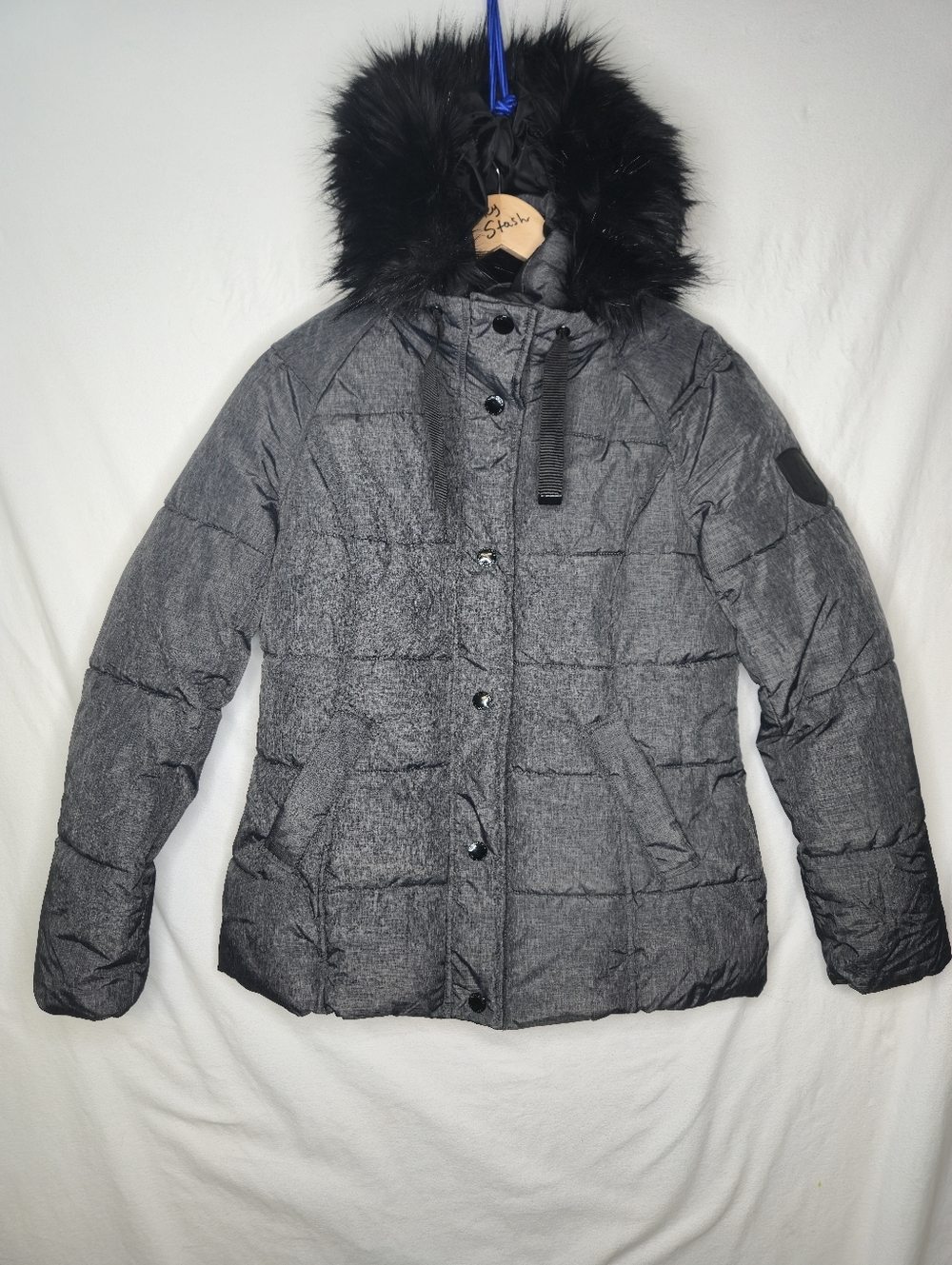 London Fog Ladies Gray Puffer Winter Jacket With Faux Fur Trim Size Medium
